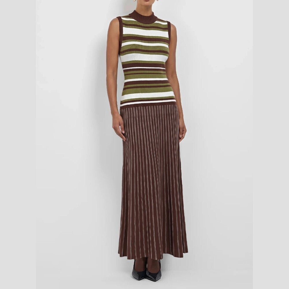 Green White Striped Knit Colorblock Mock Neck Sleeveless Maxi Sweater Dress